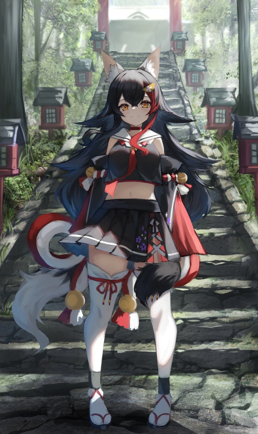 1girl absurdres animal_ear_fluff animal_ears bangs black_hair black_shirt black_skirt brown_eyes choker closed_mouth crop_top full_body hair_between_eyes hair_ornament hairclip highres hololive inre_kemomimi long_hair looking_at_viewer midriff multicolored_hair navel ookami_mio outdoors pleated_skirt red_choker redhead sailor_collar sandals shirt skirt solo stairs standing streaked_hair tail thigh-highs very_long_hair virtual_youtuber white_legwear white_sailor_collar wolf_ears wolf_girl wolf_tail