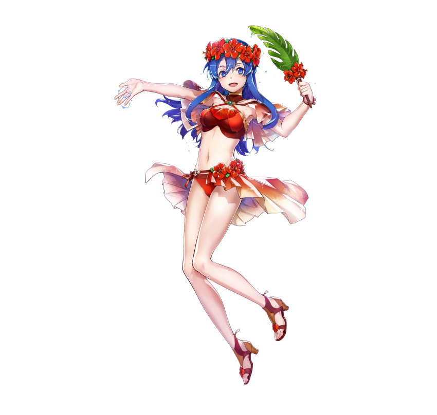 1girl bangs bare_arms bikini blue_eyes blue_hair bracelet breasts bunbun capelet fire_emblem fire_emblem:_the_binding_blade fire_emblem_6 fire_emblem_heroes fire_emblem_sword_of_seals flower full_body hair_ornament head_wreath hibiscus high_heels highres holding intelligent_systems jewelry legs lilina_(fire_emblem) long_hair looking_at_viewer medium_breasts navel nintendo official_art open_mouth red_bikini sandals shiny shiny_hair smile solo stomach super_smash_bros. swimsuit toeless_footwear toes transparent_background updated_art