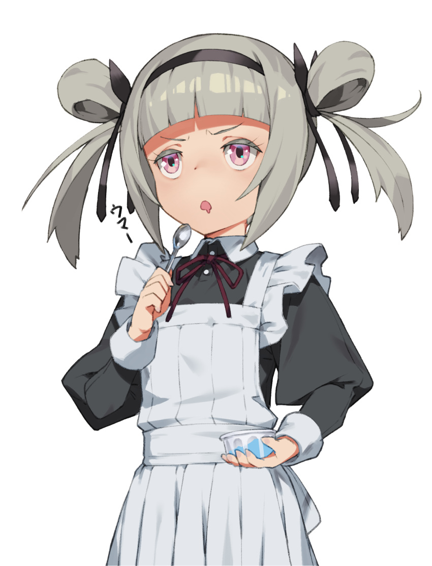 1girl apron cozy drooling eating food hair_rings hairband highres holding ice_cream maid maid_apron original pink_eyes solo spoon translated white_background