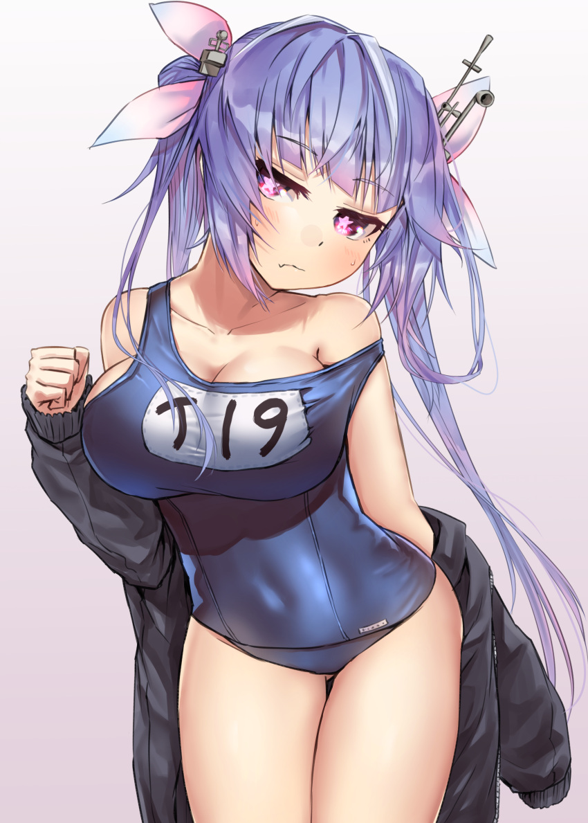 1girl absurdres black_jacket blue_hair blush breasts cowboy_shot hair_ribbon highres i-19_(kancolle) jacket kantai_collection large_breasts long_hair name_tag one-piece_swimsuit red_eyes removing_jacket ribbon school_swimsuit star-shaped_pupils star_(symbol) sweat swimsuit symbol-shaped_pupils tri_tails white_background zombie_mogura