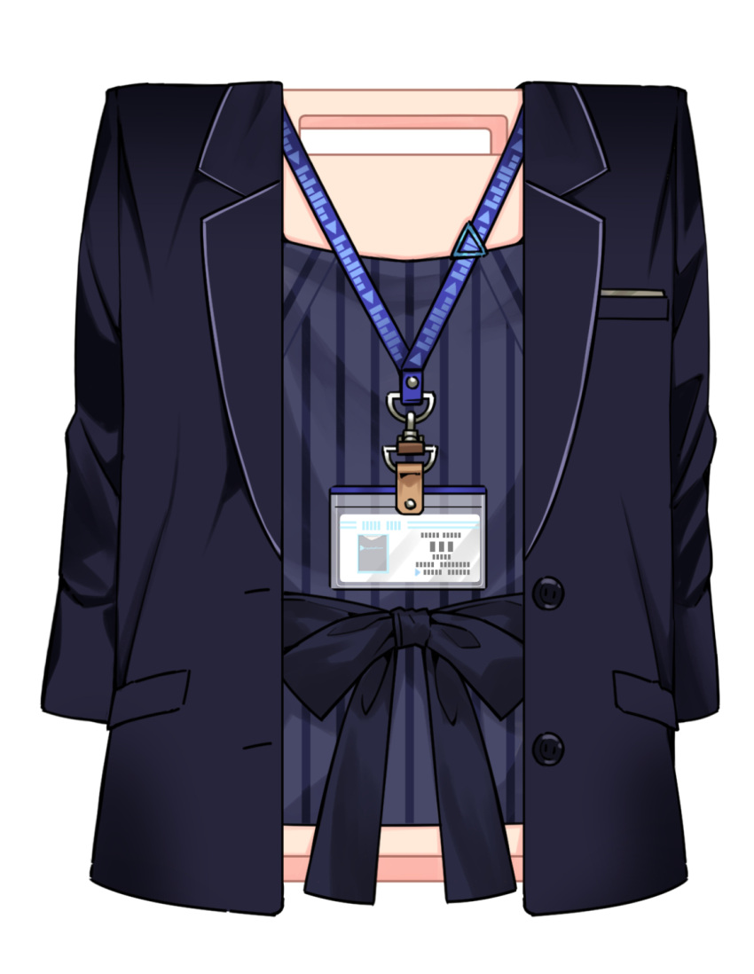 black_jacket black_shirt cutting_board highres hololive id_card jacket lanyard long_sleeves no_humans objectification official_alternate_costume open_clothes open_jacket shirt simple_background striped striped_shirt symbol_commentary tenbin_gashira vertical-striped_shirt vertical_stripes virtual_youtuber white_background yuujin_a_(hololive)