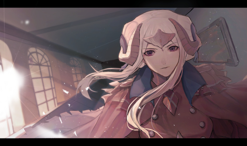 1girl absurdres cape capelet closed_mouth edelgard_von_hresvelg eyebrows_visible_through_hair fake_horns fire_emblem fire_emblem:_three_houses floating_hair hair_ornament hallway highres horns indoors lens_flare letterboxed light_particles long_hair looking_at_viewer mev painting_(object) red_cape serious short_hair_with_long_locks sidelocks solo violet_eyes walking white_hair window
