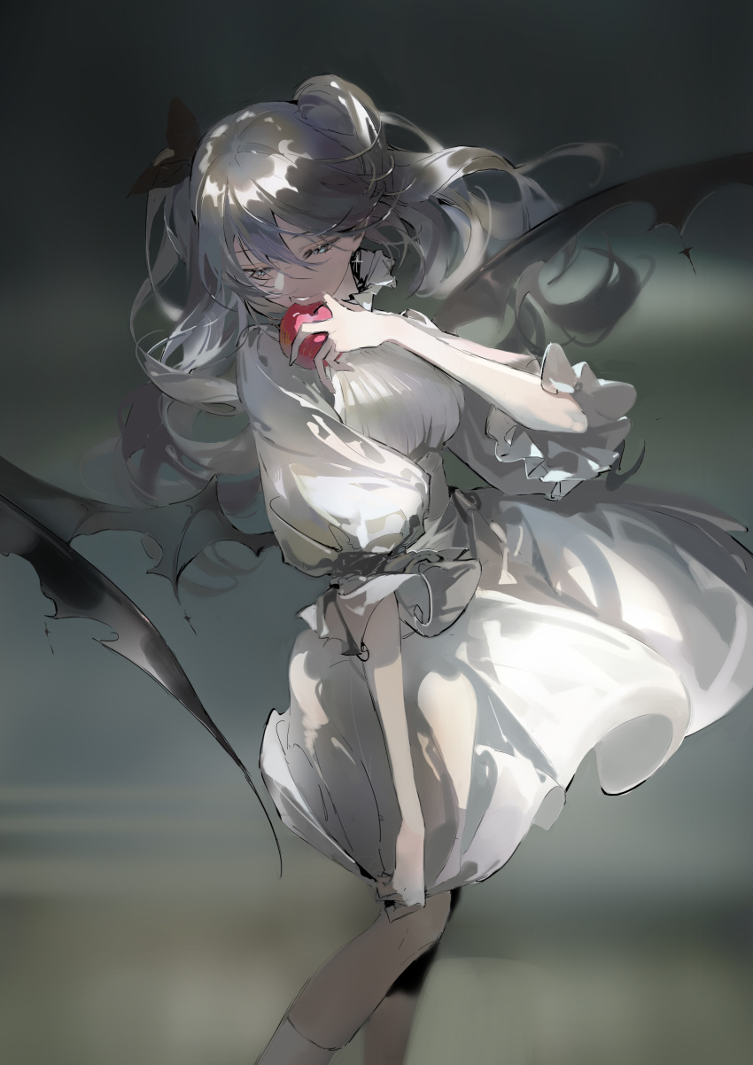1girl absurdres apple bat_wings black_hair dress food fruit highres holding holding_clothes holding_skirt kneehighs long_eyelashes long_hair original puffy_sleeves skirt soungruan_mian_mao twintails white_dress wings
