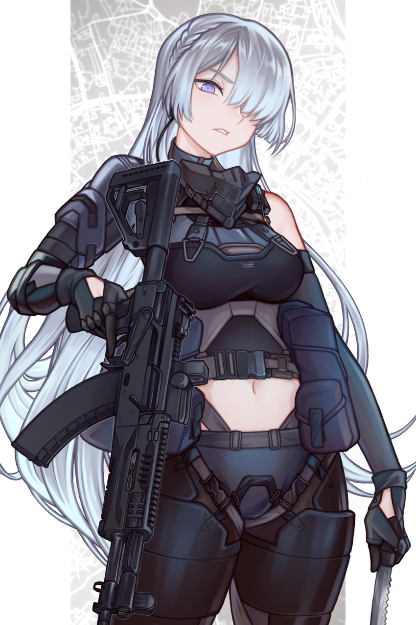 1girl ak-15 ak-15_(girls_frontline) assault_rifle breasts defy_(girls_frontline) frown girls_frontline gloves green_hair gun highres holding holding_gun holding_knife holding_weapon honi_(honi) knife large_breasts long_hair map_background mask_around_neck midriff one_eye_covered rifle tactical_clothes very_long_hair violet_eyes weapon