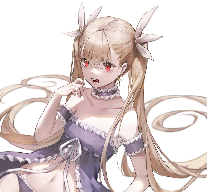 1girl absurdres arm_garter babydoll bare_shoulders blonde_hair blush breasts collarbone dance_in_the_vampire_bund fangs frilled_panties frills hair_ribbon highres lingerie long_hair looking_down mina_tepes navel neck_garter open_mouth panties red_eyes ribbon simple_background small_breasts solo stomach strapless twintails underwear underwear_only upper_body very_long_hair white_background white_ribbon zema_haru