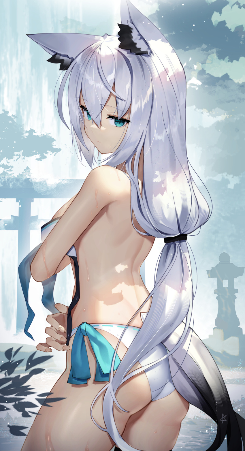 1girl absurdres animal_ear_fluff animal_ears arched_back ass back bare_arms bare_shoulders bikini blue_eyes breasts commentary_request cowboy_shot fox_ears fox_girl fox_tail highres hololive long_hair looking_at_viewer low_ponytail medium_breasts shirakami_fubuki side-tie_bikini solo standing sukocchi swimsuit tail untied untied_bikini very_long_hair virtual_youtuber wet white_bikini white_hair