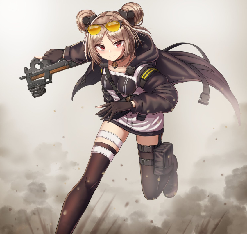 1girl blush breasts bullpup commission double_bun girls_frontline gun highres light_brown_hair medium_breasts p90 p90_(girls_frontline) red_eyes short_hair skeb_commission skindentation smile solo submachine_gun thigh-highs weapon yakob_labo