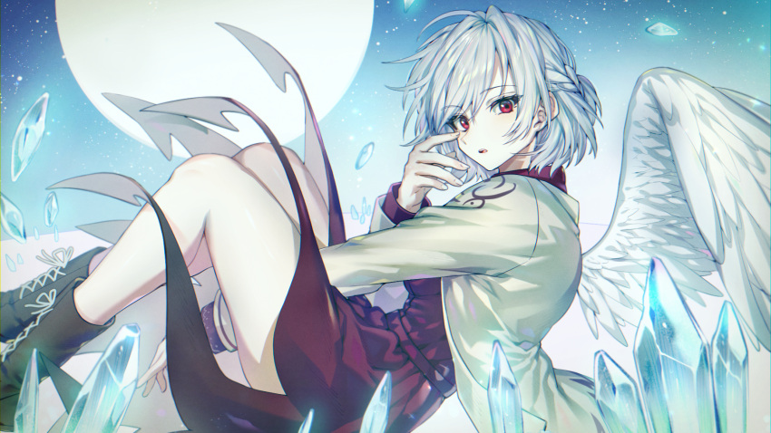 1girl angel_wings beige_jacket boots braid dress feet_out_of_frame french_braid hand_up here_(hr_rz_ggg) highres kishin_sagume looking_at_viewer parted_lips purple_dress red_eyes short_hair silver_hair single_wing solo touhou wings