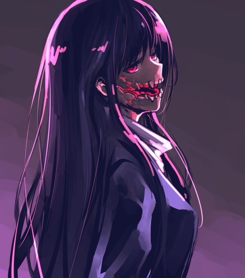 1girl absurdres commentary glasgow_smile gradient gradient_background highres ishiyumi kuchisake-onna_(ishiyumi) long_hair looking_at_viewer looking_to_the_side medium_request muted_color original purple_theme red_eyes scarf sidelocks solo