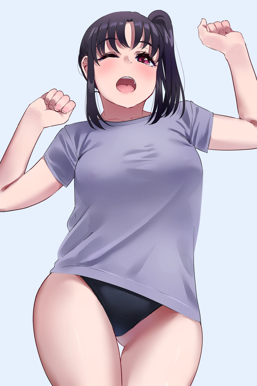 1girl ass_visible_through_thighs black_hair black_panties breasts covered_nipples cowboy_shot fingernails grey_shirt hands_up highres igarashi_kyouhei kazuno_sarah large_breasts looking_at_viewer love_live! love_live!_sunshine!! medium_hair one_eye_closed one_side_up open_mouth panties red_eyes saint_snow see-through_silhouette shirt short_sleeves solo stretch thigh_gap underwear yawning