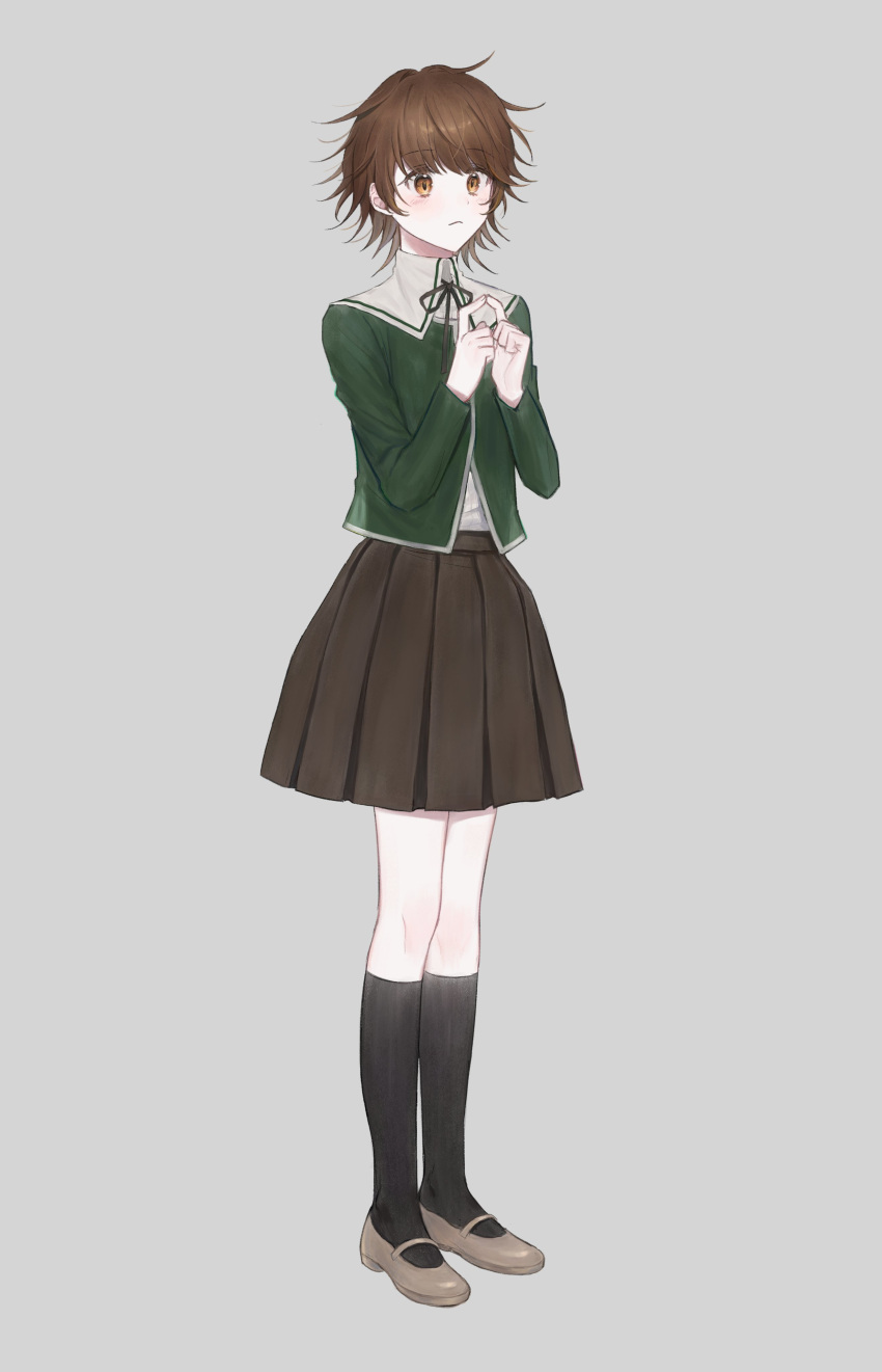 1boy absurdres black_legwear blush brown_eyes brown_hair closed_mouth commentary_request crossdressinging dangan_ronpa:_trigger_happy_havoc dangan_ronpa_(series) fujisaki_chihiro full_body green_neckwear grey_background hands_together highres jacket jecheubo kneehighs long_sleeves looking_at_viewer male_focus otoko_no_ko own_hands_together pleated_skirt ribbon school_uniform shirt shoes short_hair simple_background skirt solo standing white_shirt