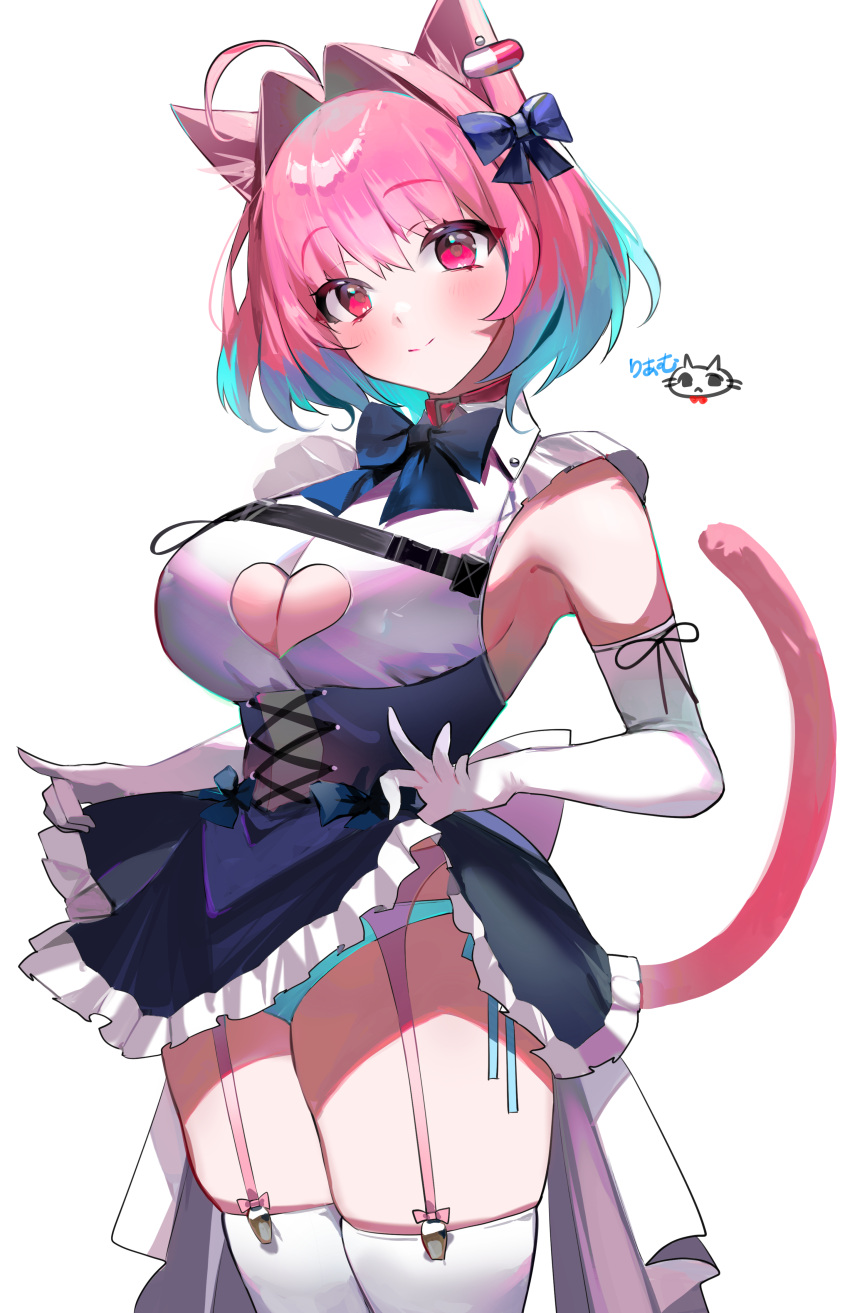 1girl absurdres animal_ears aqua_hair black_skirt blue_bow bow breasts cat_ears cat_tail clip_studio_paint_(medium) closed_mouth clothing_cutout commentary_request elbow_gloves eyebrows_visible_through_hair garter_straps gloves hair_bow hair_ornament heart_cutout highres idolmaster idolmaster_cinderella_girls idolmaster_cinderella_girls_starlight_stage kemonomimi_mode large_breasts lifted_by_self looking_at_viewer moko_(moko/moko) multicolored_hair pill_hair_ornament pink_eyes pink_hair short_hair simple_background skirt skirt_lift solo tail thigh-highs thighs two-tone_hair white_background white_gloves white_legwear yumemi_riamu