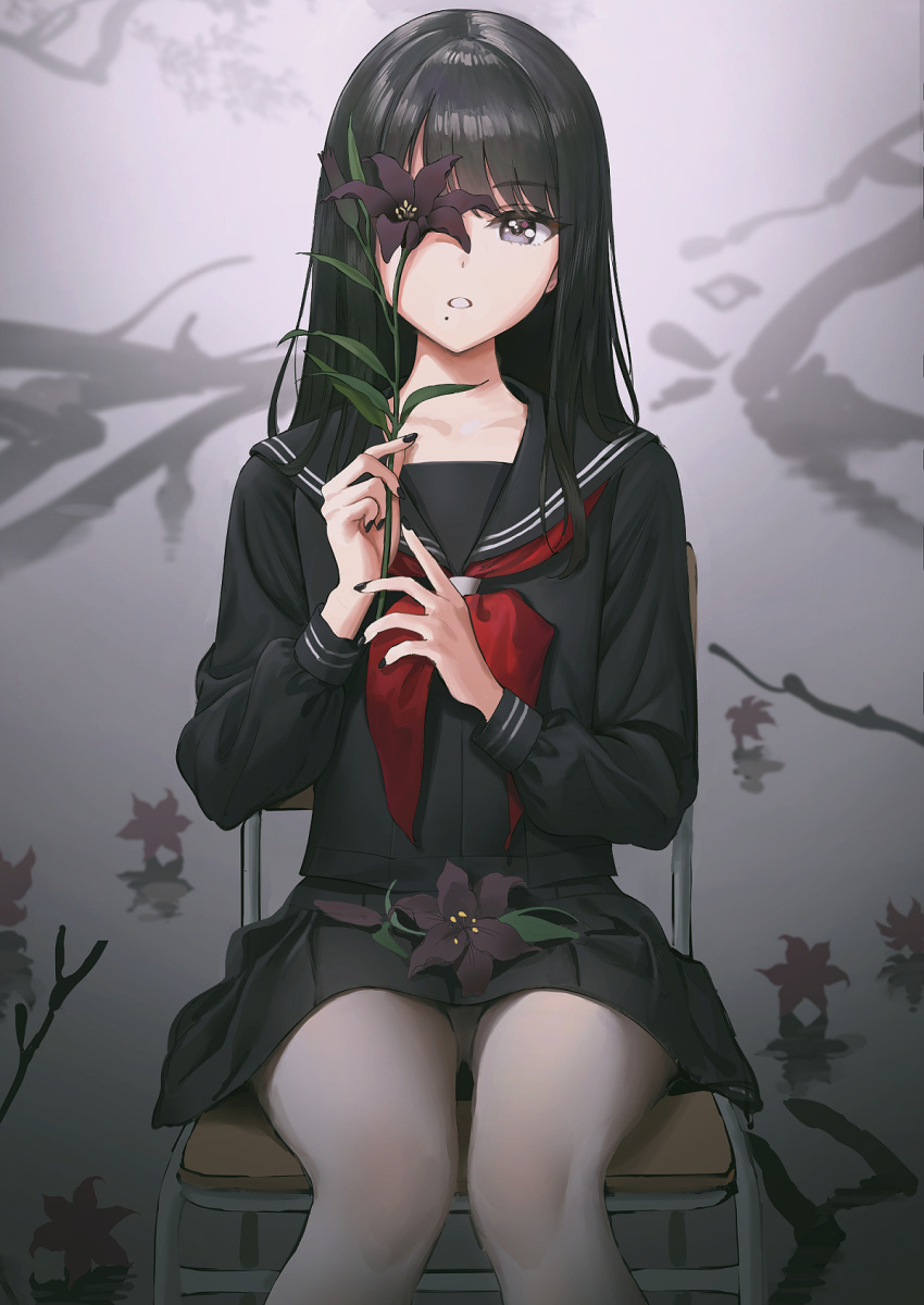 alternate_hairstyle ameyame bangs black_eyes black_flower black_hair black_sailor_collar black_serafuku black_shirt black_skirt blush chair eyebrows_visible_through_hair flower highres holding holding_flower idolmaster idolmaster_shiny_colors kazano_hiori lily_(flower) long_hair looking_at_viewer mole mole_under_mouth nail_polish neckerchief open_mouth pantyhose pleated_skirt red_neckwear sailor_collar school_chair school_uniform serafuku shirt sitting skirt swept_bangs white_legwear