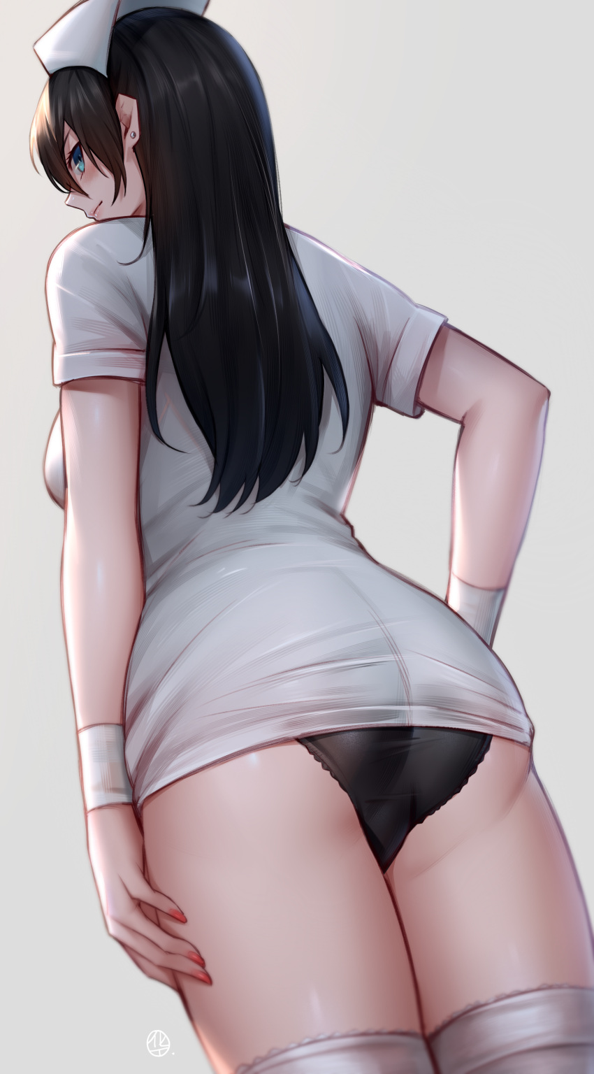 1girl absurdres ass black_hair black_panties blue_eyes breasts commentary_request cowboy_shot earrings from_behind from_below hat highres hua-j jewelry long_hair looking_at_viewer looking_back nail_polish nurse_cap original panties red_nails shirt short_hair solo thigh-highs underwear white_headwear white_legwear white_shirt wristband