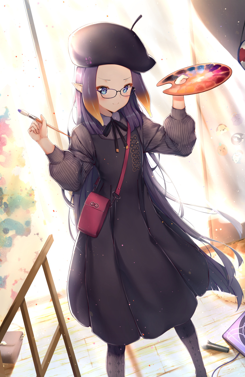 1girl absurdres bag beret black_dress black_headwear black_legwear blue_eyes blush canvas_(object) commentary dress feet_out_of_frame glasses gradient_hair hands_up hat highres holding holding_paintbrush hololive hololive_english ijac_ray long_hair long_sleeves looking_at_viewer multicolored_hair ninomae_ina'nis orange_hair paintbrush palette pantyhose puffy_long_sleeves puffy_sleeves purple_hair shoulder_bag smile solo standing tentacle_hair very_long_hair virtual_youtuber