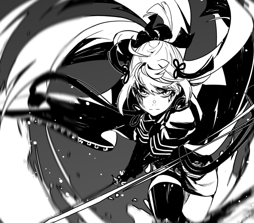 1girl bangs blood blood_on_face cape dress fate/grand_order fate_(series) floating_cape floating_hair greyscale highres holding holding_sword holding_weapon longlong_(drasdr7513) looking_at_viewer medium_hair monochrome okita_souji_(fate)_(all) sidelocks slashing solo sword thigh-highs tied_hair weapon