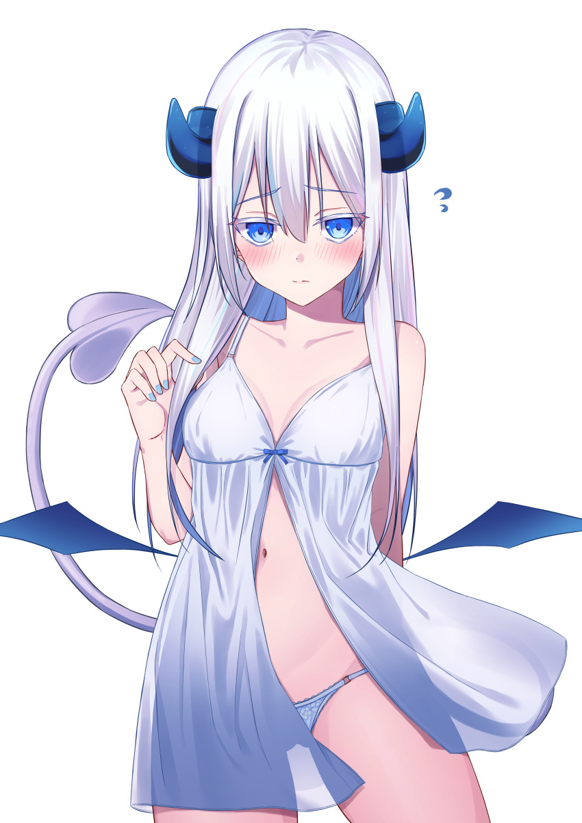 1girl absurdres babydoll bangs bare_arms bare_shoulders blue_eyes blue_nails blue_panties blue_wings blush breasts closed_mouth collarbone colored_eyelashes curled_horns demon_girl demon_horns demon_tail demon_wings eyebrows_visible_through_hair flying_sweatdrops hair_between_eyes hand_up highres horns kuro_kinkan looking_at_viewer low_wings nail_polish navel original panties silver_hair simple_background small_breasts solo tail underwear underwear_only white_background wings