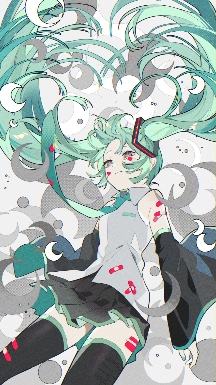 1girl absurdres aqua_eyes aqua_hair aqua_nails aqua_neckwear bandaid bangs black_legwear black_skirt crescent crossed_bandaids crying detached_sleeves grey_background grey_shirt grey_theme hatsune_miku highres long_hair long_sleeves looking_up omutatsu pleated_skirt rolling_girl_(vocaloid) shirt skirt solo thigh-highs twintails very_long_hair vocaloid