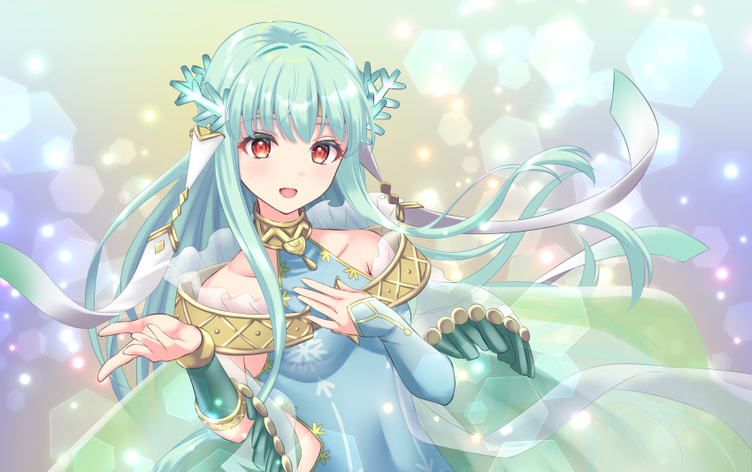 1girl :d aqua_hair bare_shoulders blue_dress circlet collarbone dress fire_emblem fire_emblem:_the_blazing_blade fire_emblem_heroes hand_on_own_chest highres kakiko210 light_particles long_hair looking_at_viewer ninian_(fire_emblem) official_alternate_costume open_mouth reaching red_eyes sleeveless sleeveless_dress smile solo upper_body veil