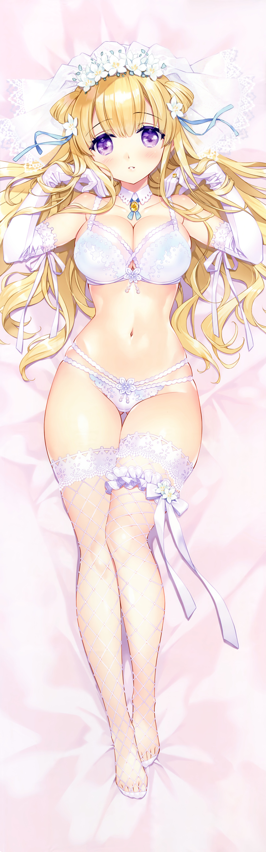 1girl absurdres ass_visible_through_thighs blonde_hair blue_eyes bra breasts carnelian dakimakura_(medium) double_bun elbow_gloves fishnet_legwear fishnets fletcher_(kancolle) frilled_bra frills full_body gloves highres huge_filesize kantai_collection large_breasts lingerie long_hair multi-strapped_panties navel panties parted_lips scan solo thigh-highs two_side_up underwear underwear_only violet_eyes white_bra white_gloves white_panties