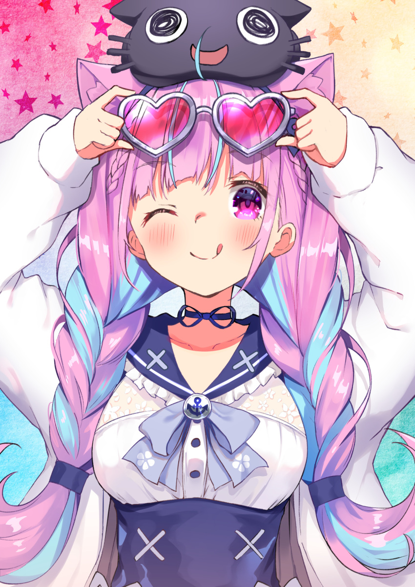 1girl ;q absurdres ahoge anchor_symbol animal_ear_fluff animal_ears arms_up bangs blue_bow blue_hair blue_sailor_collar blue_skirt blush bow braid breasts cat_ears closed_mouth eyebrows_visible_through_hair eyewear_lift frilled_sailor_collar frills grey-framed_eyewear heart heart-shaped_eyewear high-waist_skirt highres hololive jacket kutar22 lifted_by_self long_hair long_sleeves looking_at_viewer medium_breasts minato_aqua multicolored_hair neko_(minato_aqua) on_head one_eye_closed open_clothes open_jacket pink-tinted_eyewear pink_hair puffy_long_sleeves puffy_sleeves sailor_collar shirt skirt sleeves_past_wrists smile tongue tongue_out twin_braids twintails two-tone_hair very_long_hair virtual_youtuber white_jacket white_shirt