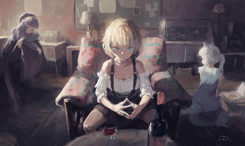3girls absurdres alcohol blonde_hair blue_eyes bottle chair cup dino_(dinoartforame) drinking_glass fish fish_tail fish_tank food gawr_gura glasses highres hololive hololive_english lamp looking_at_viewer looking_back multiple_girls ninomae_ina'nis pizza pizza_box purple_hair shark_tail sitting sitting_backwards tail violet_eyes virtual_youtuber watson_amelia white_hair wine wine_bottle wine_glass