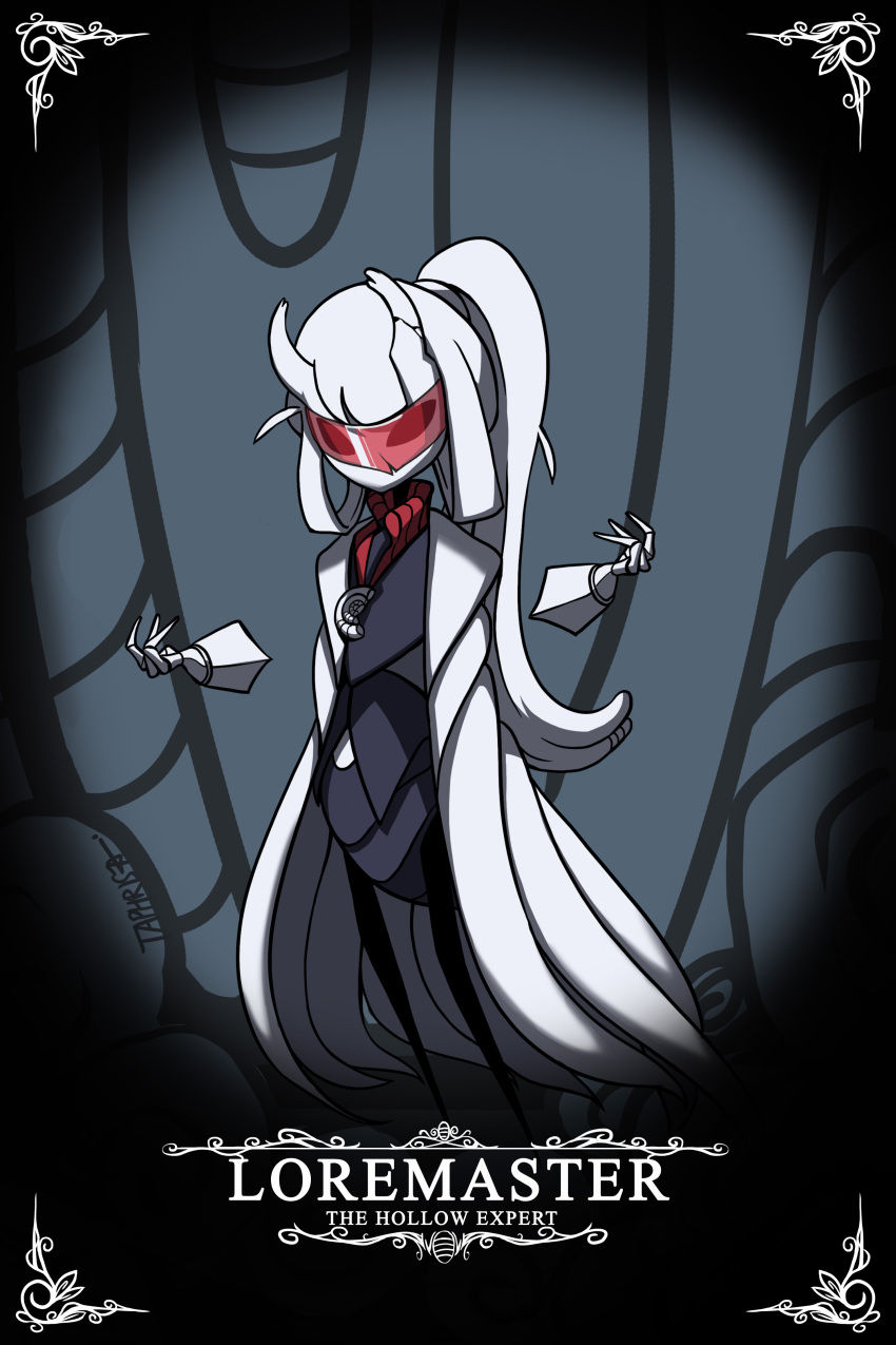 1girl absurdres arthropod_girl artist_name bangs black_horns character_name coat dated disembodied_limb english_commentary english_text full_body goggles helltaker highres hollow_knight horns labcoat long_hair looking_at_viewer loremaster_(helltaker) open_clothes open_coat parody ponytail signature solo standing style_parody taphris white_coat