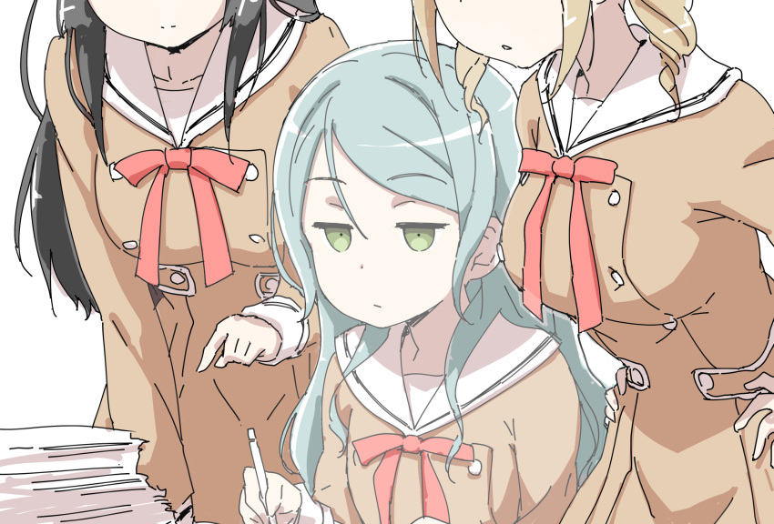3girls akata_itsuki aqua_hair bang_dream! bangs black_hair blonde_hair breast_envy breasts brown_dress buttons closed_mouth color_drain comedy commentary_request double-breasted dress empty_eyes eyebrows_visible_through_hair girl_sandwich green_eyes hair_between_eyes hanasakigawa_school_uniform hands_on_hips head_out_of_frame highres hikawa_sayo holding holding_pen ichigaya_arisa jitome large_breasts leaning_forward long_hair long_sleeves looking_down multiple_girls neck_ribbon paper paper_stack parted_lips pen red_neckwear ribbon sailor_dress sandwiched school_uniform shirokane_rinko sidelocks simple_background sitting sketch small_breasts solo_focus standing twintails upper_body white_background