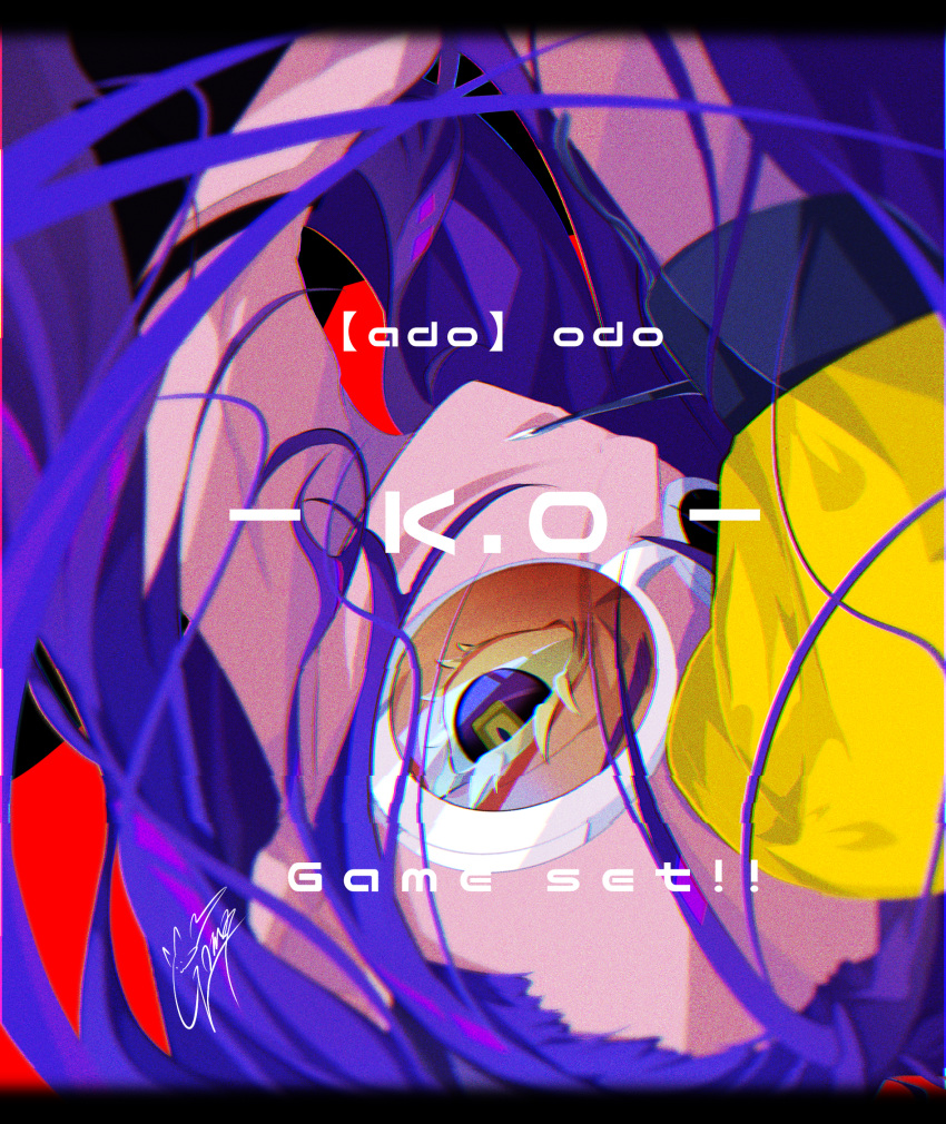1girl ado_(singer) character_name clenched_teeth floating_hair from_above goma_irasuto highres in_mouth long_hair looking_at_viewer looking_up niconico parted_lips purple_hair signature sleeves_past_fingers sleeves_past_wrists solo sunglasses teeth upside-down utaite_(singer) violet_eyes wiping_forehead