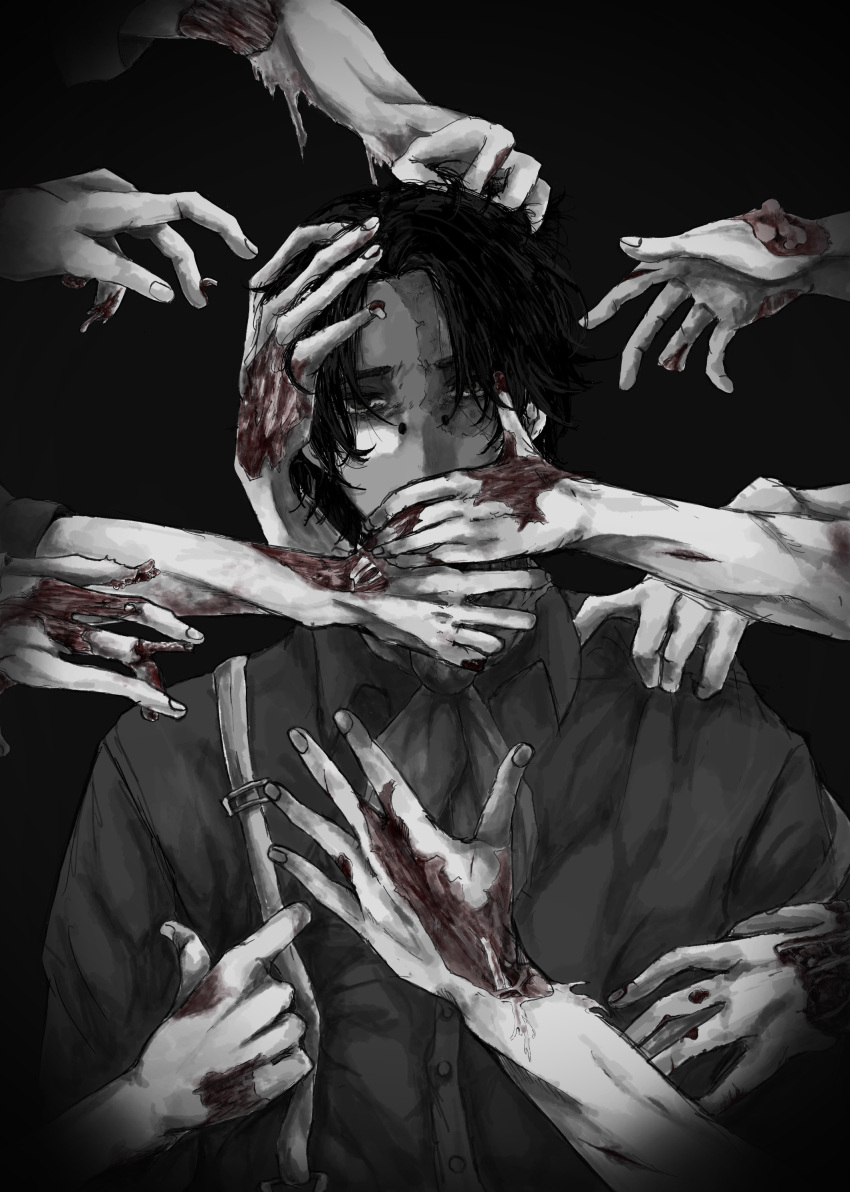 1boy absurdres black_background black_hair collar covering_mouth dress_shirt greyscale hands highres identity_v looking_at_viewer male_focus mizuno_(omiso_soup) monochrome norton_campbell pulling rotting scar shirt solo_focus suspenders