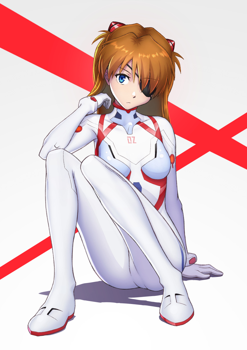 1girl absurdres bangs blue_eyes bodysuit breasts closed_mouth evangelion:_3.0+1.0_thrice_upon_a_time eyepatch highres interface_headset long_hair medium_breasts neon_genesis_evangelion orange_hair plugsuit porupurucha rebuild_of_evangelion shikinami_asuka_langley simple_background sitting solo souryuu_asuka_langley two-tone_background white_bodysuit