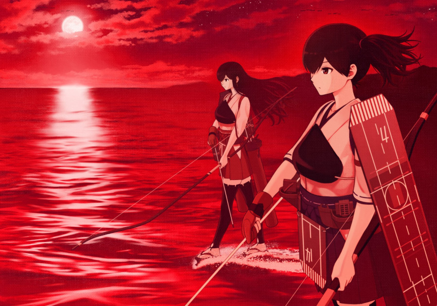 2girls akagi_(kancolle) arrow_(projectile) bangs bow_(weapon) breasts closed_mouth clouds expressionless flight_deck full_moon gloves hakama hakama_skirt highres holding holding_arrow holding_bow_(weapon) holding_weapon horizon japanese_clothes kaga_(kancolle) kantai_collection long_hair monochrome moon moonlight multiple_girls muneate night ocean outdoors partially_fingerless_gloves ponytail porupurucha quiver red_theme rigging side_ponytail single_glove sky standing standing_on_liquid star_(sky) tasuki thigh-highs water weapon yugake