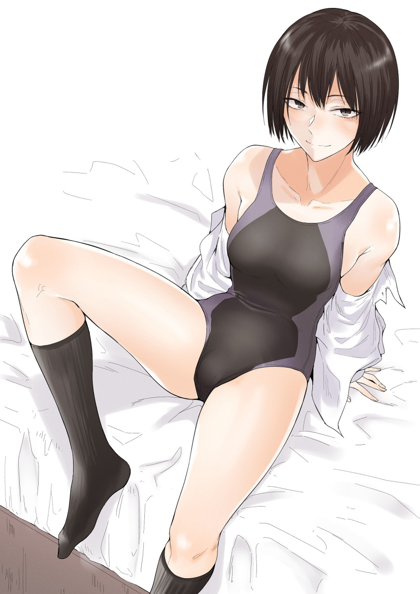 1girl amagami arm_support bangs bare_shoulders bed_sheet black_bra black_eyes black_hair black_legwear black_swimsuit blue_swimsuit bob_cut bra collarbone commentary competition_swimsuit dress_shirt eyelashes from_above highres knee_up kneehighs light_smile looking_at_viewer nanasaki_ai off_shoulder on_bed one-piece_swimsuit open_clothes open_shirt shirt short_hair sitting solo swimsuit swimsuit_under_clothes swimwear textless tsukumo_nikyu underwear undressing white_shirt