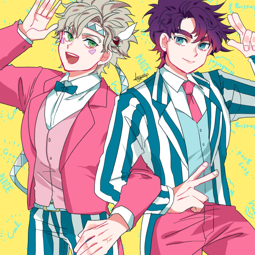 2boys :d alternate_costume arm_up artist_name bandana battle_tendency belt black_hair blonde_hair blue_eyes blue_neckwear bow bowtie caesar_anthonio_zeppeli closed_mouth coattails collared_shirt eyebrows_visible_through_hair facial_mark feathers formal green_eyes hair_feathers hair_ornament headband highres jojo_no_kimyou_na_bouken joseph_joestar_(young) kogatarou locked_arms long_sleeves male_focus multiple_boys open_mouth pink_neckwear shirt short_hair signature simple_background smile striped striped_coat suit thick_eyebrows tuxedo v vertical_stripes vest w waving white_shirt yellow_background