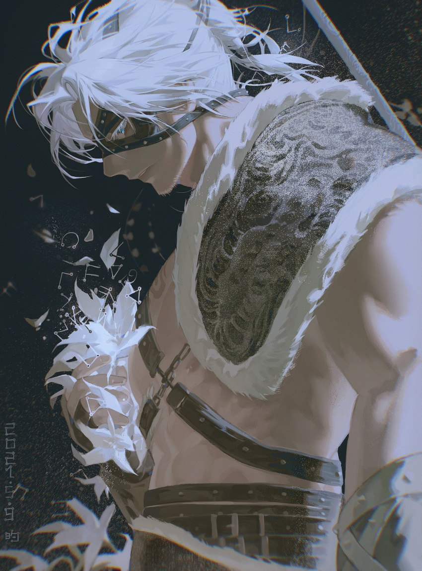 1boy absurdres armor artist_name blue_eyes chromatic_aberration commentary_request dated dizi930 eyelashes facial_hair fingerless_gloves folded_ponytail from_side fur_trim gloves hand_up highres male_focus mask nier nier_(old) nier_(series) parted_lips shirtless shoulder_armor solo stubble symbol upper_body weapon weapon_on_back white_hair