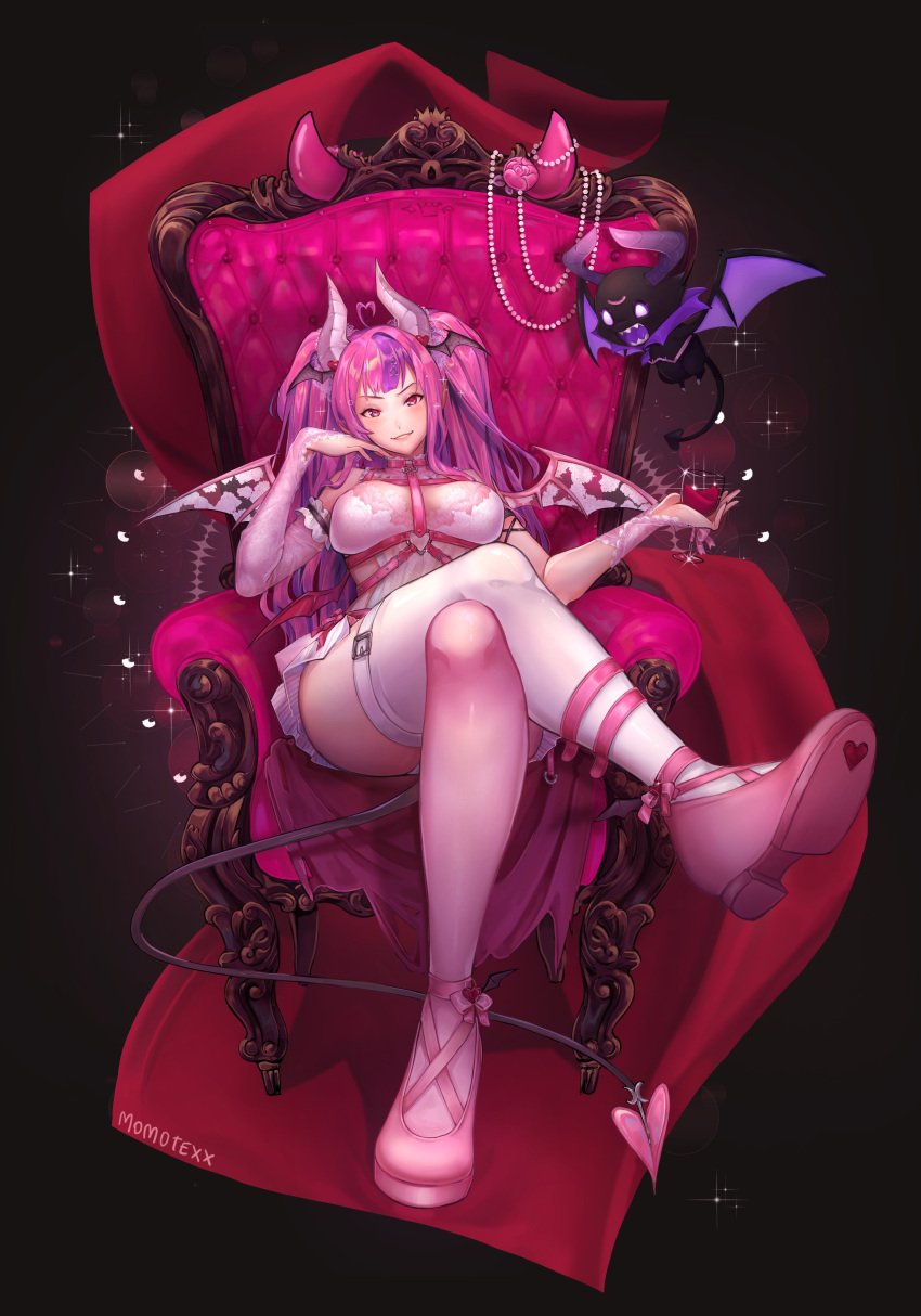 absurdres alternate_costume breasts chair choker crossed_legs demon_girl dress hair_ornament heart highres horns ironmouse large_breasts momote multicolored_hair multiple_girls pink_footwear pink_hair red_eyes sitting streaked_hair thigh-highs thigh_strap twintails vshojo white_dress white_horns wing_hair_ornament wings