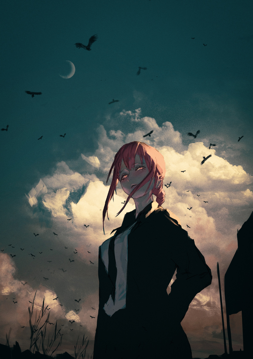 1girl absurdres bangs bird black_jacket braid braided_ponytail business_suit chainsaw_man closed_mouth clouds crescent_moon formal highres jacket long_hair looking_at_viewer makima_(chainsaw_man) moon necktie neg_(101neg) outdoors pink_eyes pink_hair ringed_eyes scenery shirt sidelocks sky solo suit white_shirt