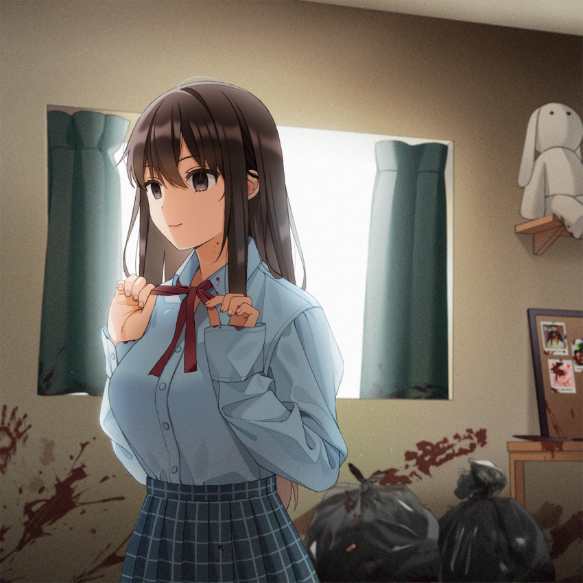 1girl adjusting_neckwear bangs blood blood_on_wall bloody_clothes breasts brown_eyes brown_hair bulletin_board commentary curtains empty_eyes fingernails hair_between_eyes highres indoors long_hair original picture_(object) school_uniform skirt sleeves_past_wrists solo stuffed_animal stuffed_toy trash_bag unjem