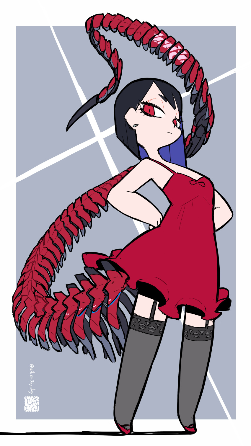 1girl absurdres black_hair closed_mouth dress expressionless full_body garter_belt hands_on_hips highres iwako_(eiken3kyuboy) mechanical_tail original red_dress red_eyes red_footwear solo standing tail thigh-highs