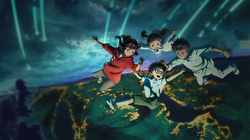 2boys 2girls absurdres arabian_peninsula artist_request black_hair brown_eyes brown_hair child copyright_request dark-skinned_male dark_skin glasses grin highres jacket long_hair long_sleeves looking_at_another midair multiple_boys multiple_girls night night_sky nose official_art open_mouth outdoors pants red_jacket shirt shoes short_hair sky sleeves_past_elbows smile white_footwear white_shirt
