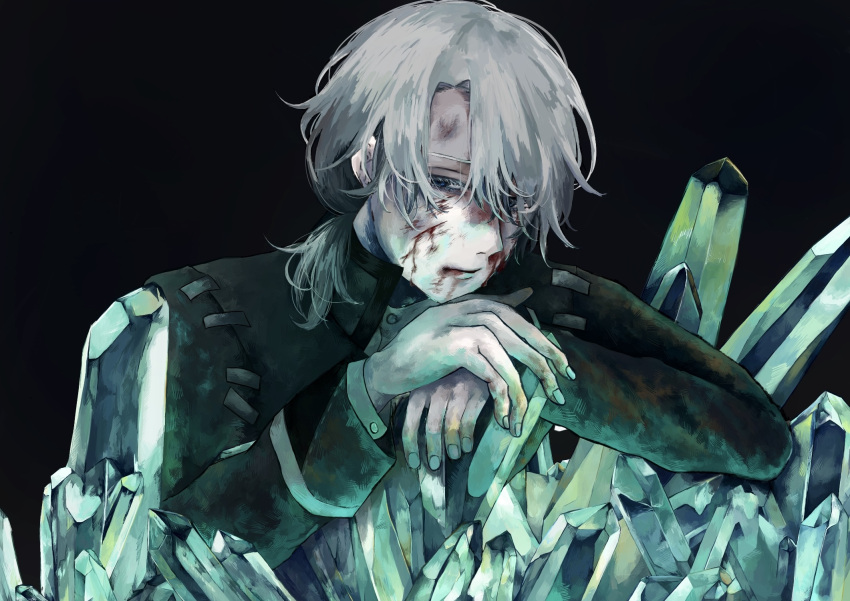 1boy aesop_carl black_background blood blood_on_face bruise bruise_on_face crystal grey_hair hair_over_one_eye highres identity_v injury long_sleeves looking_at_viewer male_focus solo stitches upper_body