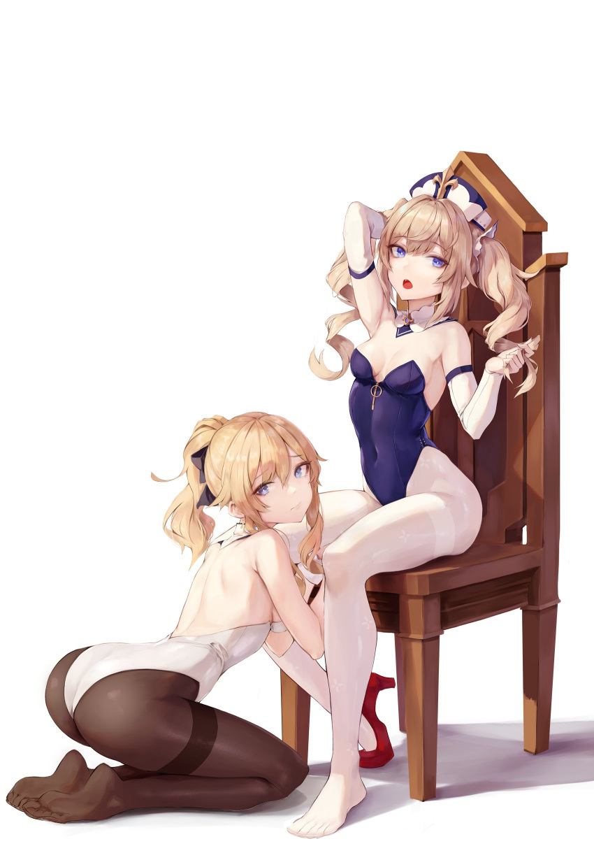 2girls :o absurdres arm_up armpits ass back backless_leotard barbara_pegg bare_shoulders blonde_hair blue_eyes blue_leotard breasts brown_legwear chair covered_navel detached_collar detached_sleeves genshin_impact hat high_heels highleg highleg_leotard highres hiki_niito jean_gunnhildr kneeling leotard long_hair long_sleeves looking_at_viewer looking_back multiple_girls no_bra open_mouth pantyhose playboy_bunny_leotard ponytail red_footwear shoes siblings simple_background single_shoe sisters sitting small_breasts strapless strapless_leotard thighband_pantyhose twintails white_background white_headwear white_legwear white_leotard