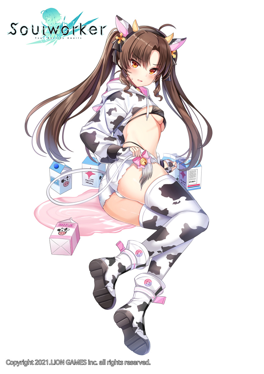 1girl absurdres animal_ears animal_print bangs bell belt_collar bikini black_bikini black_collar blush boots breasts brown_hair collar copyright_name cow_ears cow_girl cow_hood cow_horns cow_print cow_tail cross_hair_ornament drill_locks fake_animal_ears fake_horns fingerless_gloves full_body gloves hair_ornament hair_ribbon hairband highleg highleg_bikini highres hood hood_down hoodie horns jingle_bell lily_bloomerchen long_hair long_sleeves looking_at_viewer lying maett midriff milk milk_carton neck_bell official_art on_side orange_eyes panty_straps parted_bangs ribbon short_shorts shorts shrug_(clothing) sidelocks simple_background small_breasts solo soul_worker spill spilled_milk sweatdrop swimsuit tail tail_bell tail_ornament thigh-highs torn_clothes torn_shorts twintails white_background white_shorts zettai_ryouiki