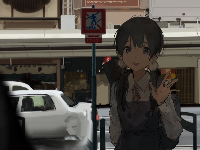 1girl 1other :d absurdres arm_behind_back bag black_hair blue_eyes blurry blurry_foreground building car city dark day dress ground_vehicle highres kitashirakawa_tamako looking_at_another low_twintails mole mole_on_neck motor_vehicle open_mouth pinafore_dress road road_sign school_bag school_uniform sign smile street suiso_(owp) tamako_market translated twintails waving