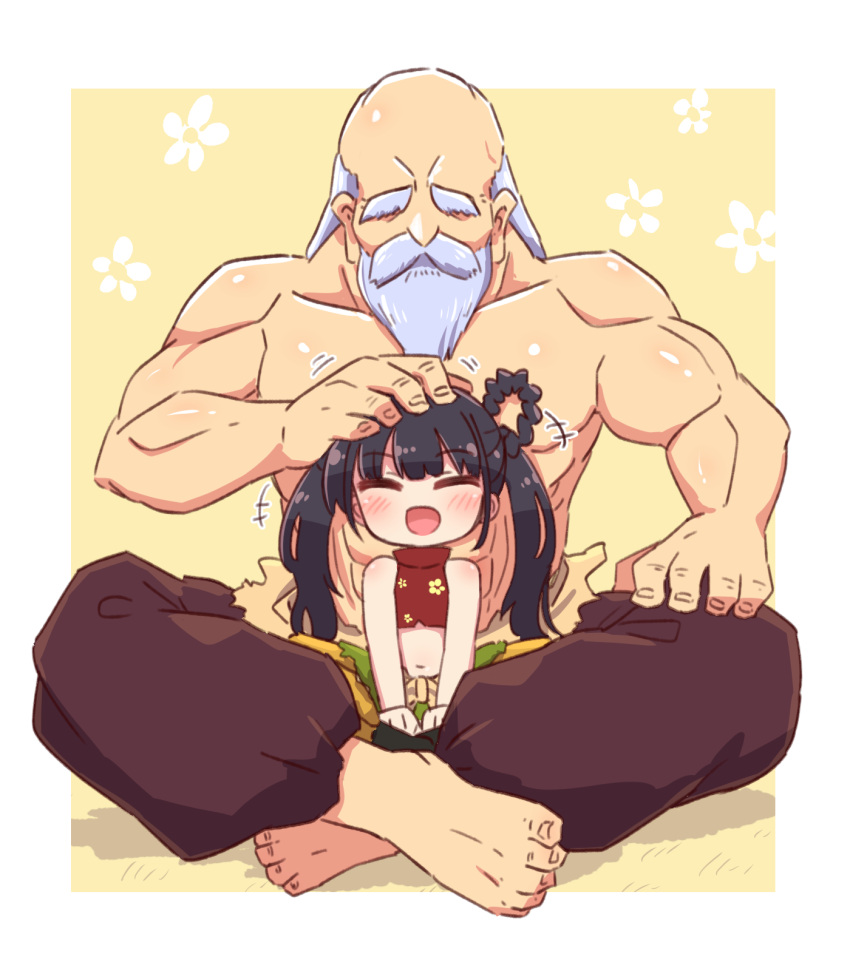 +++ 1boy 1girl :d ^_^ bare_arms bare_shoulders barefoot beard blush braid brown_pants closed_eyes commentary_request crop_top facial_hair facing_viewer grey_hair hair_rings headpat highres long_hair midriff monk_(sekaiju) mustache naga_u navel open_mouth pants puffy_pants red_shirt sekaiju_no_meikyuu sekaiju_no_meikyuu_3 shirt shirtless sitting smile thick_eyebrows twintails very_long_hair yellow_pants