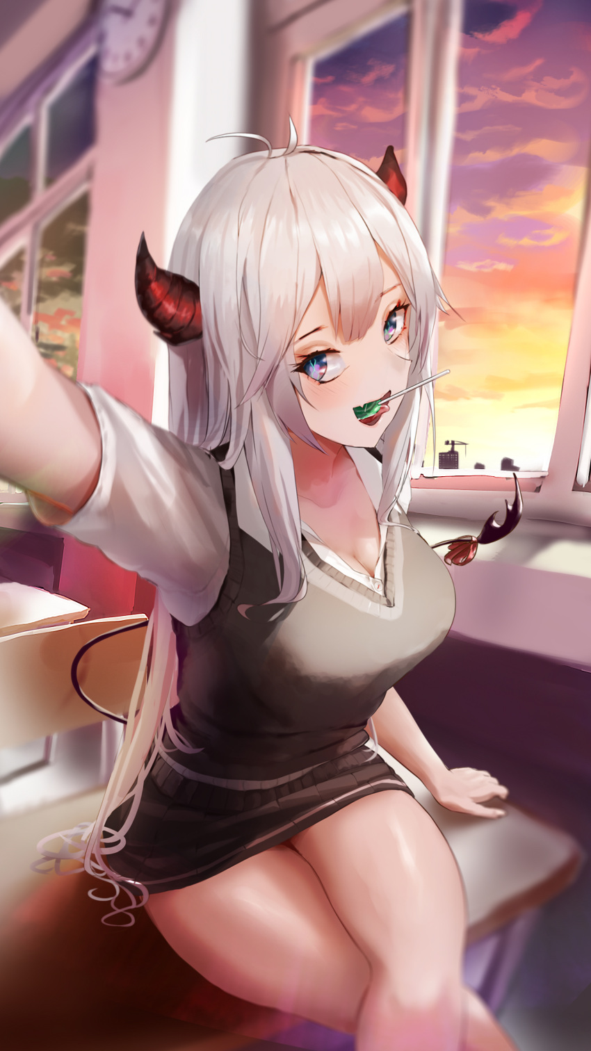 absurdres blue_eyes breasts classroom demon_girl demon_horns demon_tail desk dusk highres horns large_breasts long_hair on_desk school_uniform sitting sitting_on_desk skirt sweater_vest tail thighs vei_(vtuber) very_long_hair virtual_youtuber vshojo wanne white_hair