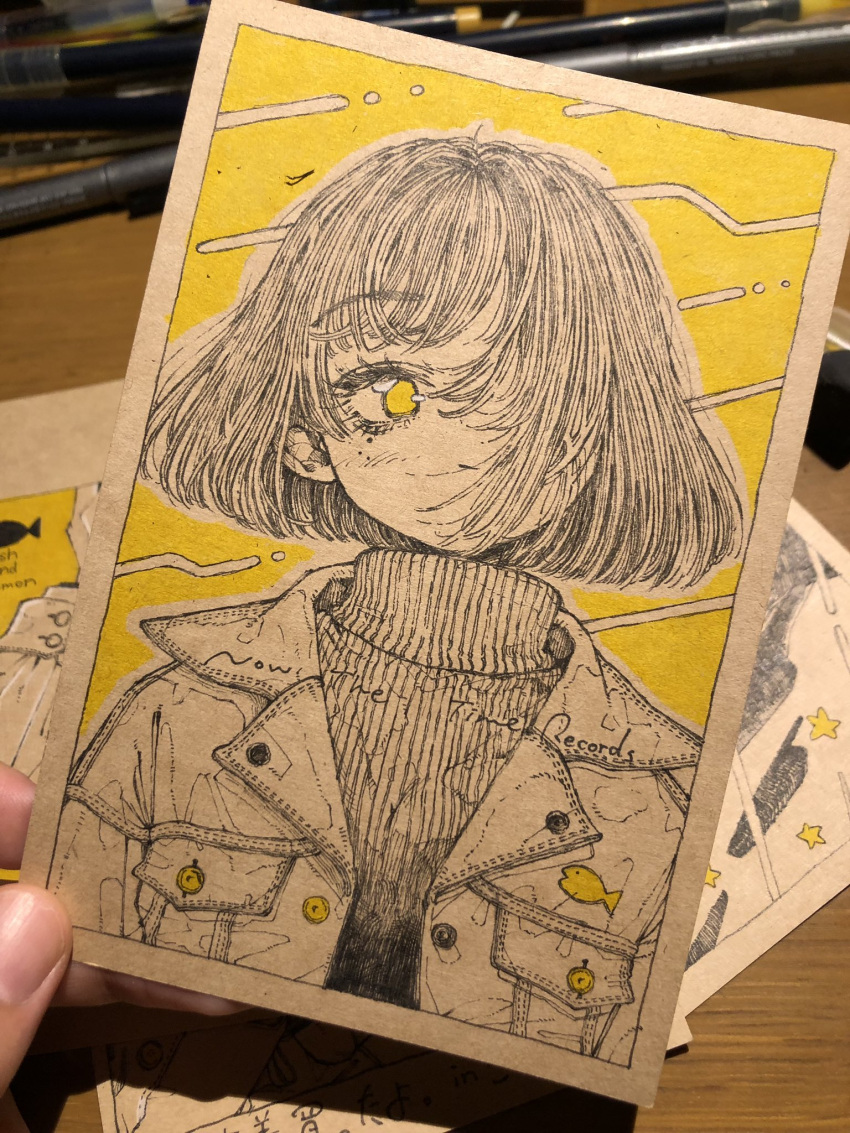1girl bangs expressionless eyebrows_visible_through_hair hair_over_one_eye highres jacket kitamurashu looking_at_viewer monochrome original outline photo_(medium) solo spot_color traditional_media upper_body white_jacket white_outline yellow_background yellow_eyes