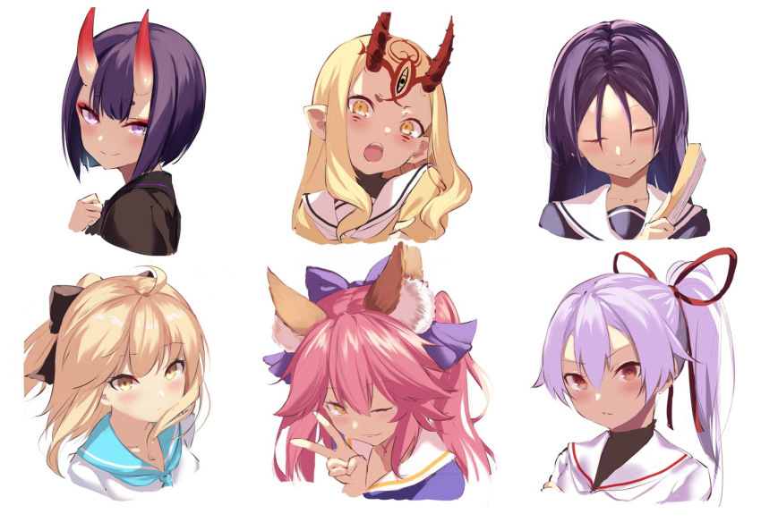 6+girls animal_ear_fluff animal_ears black_sailor_collar blonde_hair blue_sailor_collar closed_mouth eyebrows_visible_through_hair fan fate/grand_order fate_(series) fox_ears hair_between_eyes highres holding holding_fan horns ibaraki_douji_(fate) long_hair looking_at_viewer minamoto_no_raikou_(fate) multiple_girls okita_souji_(fate) okita_souji_(fate)_(all) one_eye_closed oni oni_horns pink_hair pointy_ears ponytail purple_hair red_horns sailor_collar school_uniform serafuku short_hair shuten_douji_(fate) simple_background smile spider_apple tamamo_(fate)_(all) tamamo_no_mae_(fate) tomoe_gozen_(fate) upper_body v violet_eyes white_background white_sailor_collar yellow_eyes