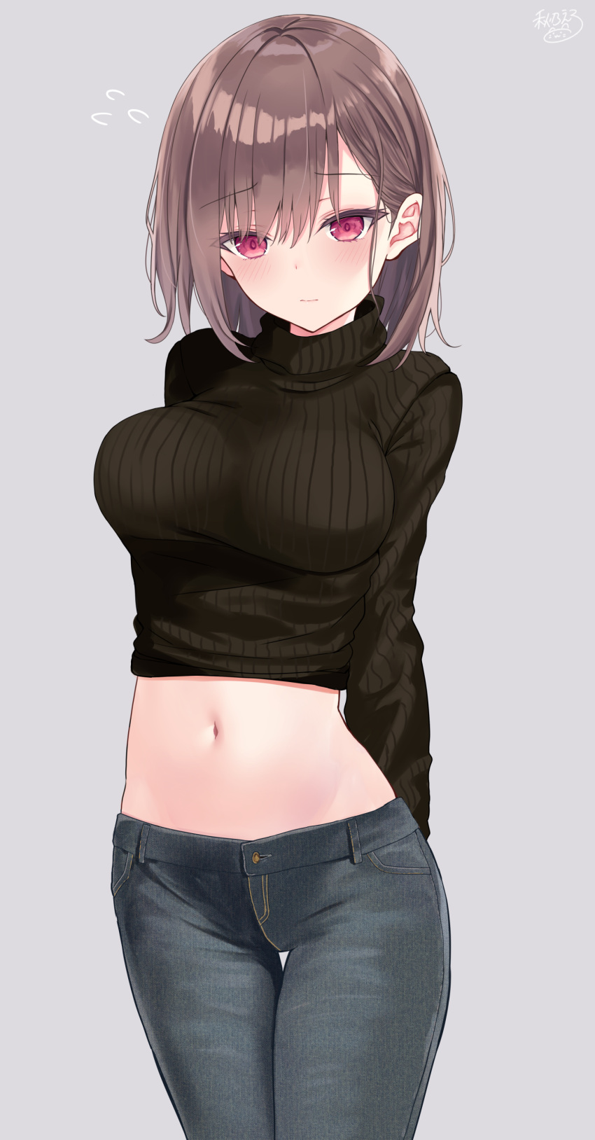 1girl absurdres akino_ell arms_behind_back black_sweater blue_pants breasts brown_hair closed_mouth cowboy_shot crop_top denim frown grey_background highres large_breasts long_hair long_sleeves looking_at_viewer midriff navel original pants red_eyes ribbed_sweater simple_background solo standing stomach sweater thigh_gap turtleneck turtleneck_sweater