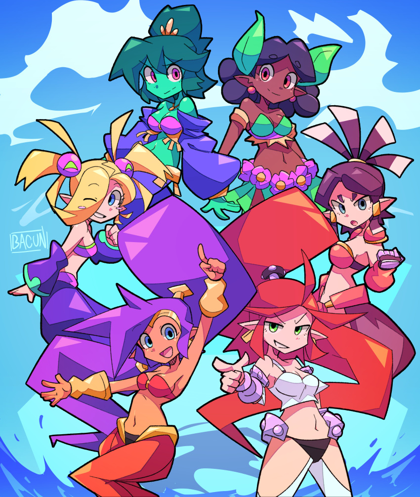 6+girls ;) absurdres armor bacun bikini_armor blonde_hair blue_eyes breasts colored_skin dark_skin dark-skinned_female english_commentary fillin_(shantae) green_eyes green_hair green_skin grin harmony_(shantae) highres long_hair medium_breasts midriff multiple_girls navel one_eye_closed orange_eyes orange_hair plink_(shantae) pointing ponytail purple_hair shantae_(character) shantae_(series) shantae_and_the_seven_sirens smile vera_(shantae) very_long_hair zapple_(shantae)